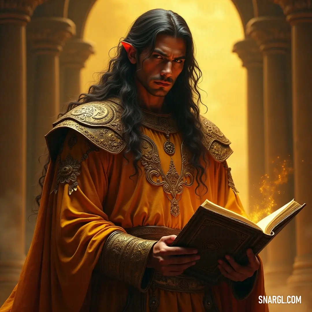 A whimsical character in a bright yellow robe, holding a book, exuding charm and creativity against an undefined backdrop. A figure adorned in vibrant yellow robes, cradles a book delicately, while a whimsical red bow adorns their head. The background is undefined, enhancing the focus on this enigmatic character, who appears to blend wisdom and playfulness effortlessly.