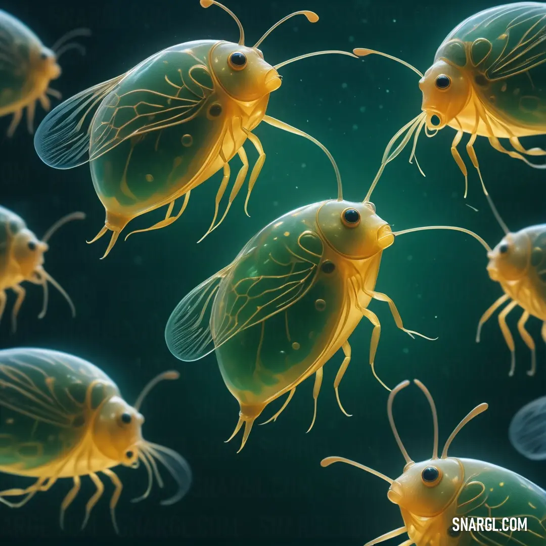 Group of yellow bugs on top of a green surface with water droplets on it's back