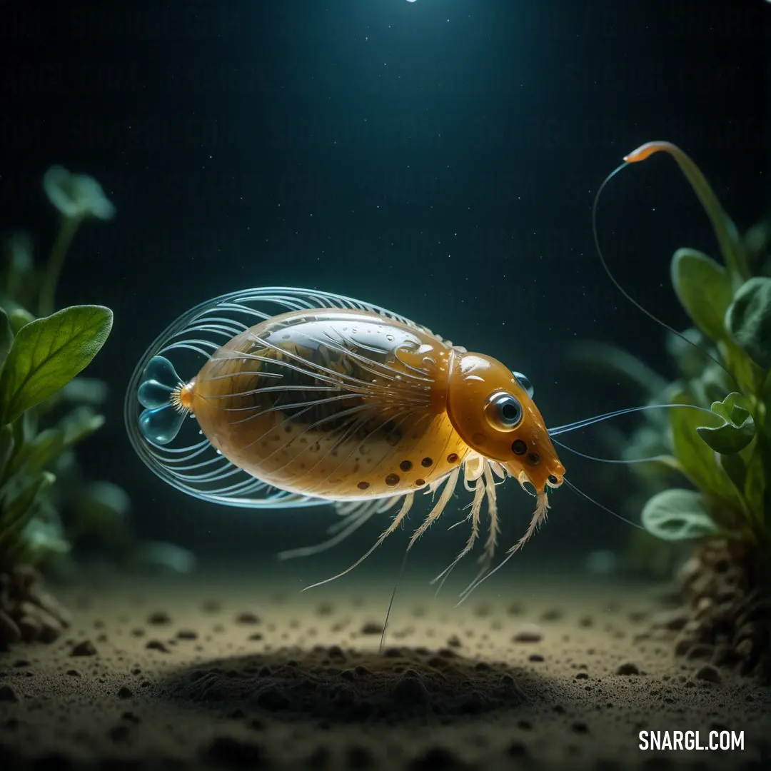 Yellow and black jellyfish in a dark aquarium with plants and rocks in the background