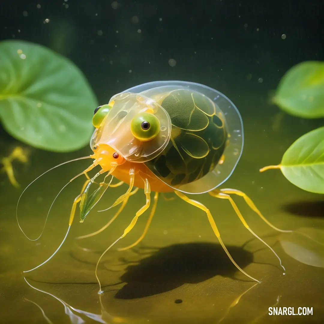 Yellow and green jellyfish with a large green eye and a long tail