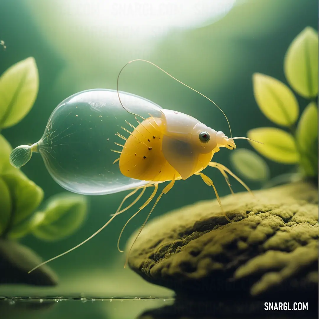 Yellow and white fish in a green aquarium with a bubble in it's mouth