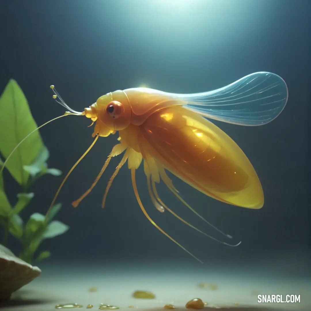 Yellow fish with a long tail and a long tail is swimming in a dark aquarium with green plants