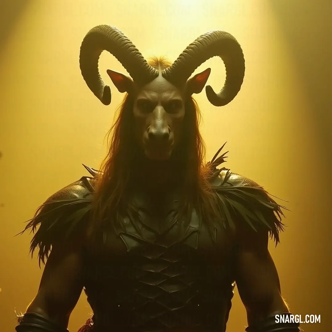 A noble horned being stands illuminated by a warm, golden light, radiating aura and mystique. A striking figure with prominent horns stands composedly before a radiant yellow light. The illumination highlights the contours of his majestic form, creating an enchanting visual juxtaposition against the shadows surrounding him.