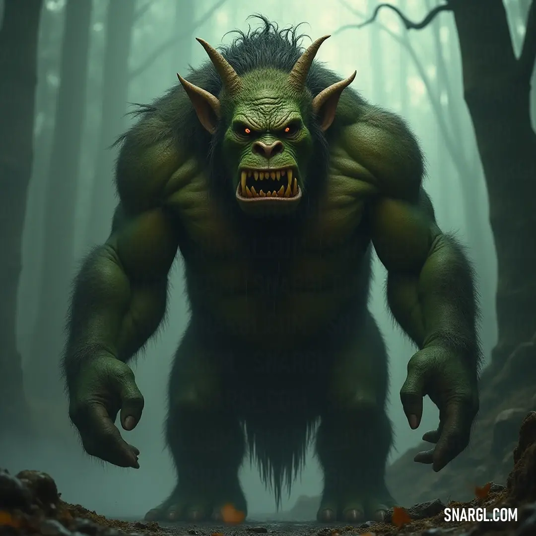 A large green Darg with formidable horns and fangs stands majestically in a vibrant forest, blending harmoniously with the lush trees and rugged rocks that frame its powerful presence in a realm of untamed wilderness.