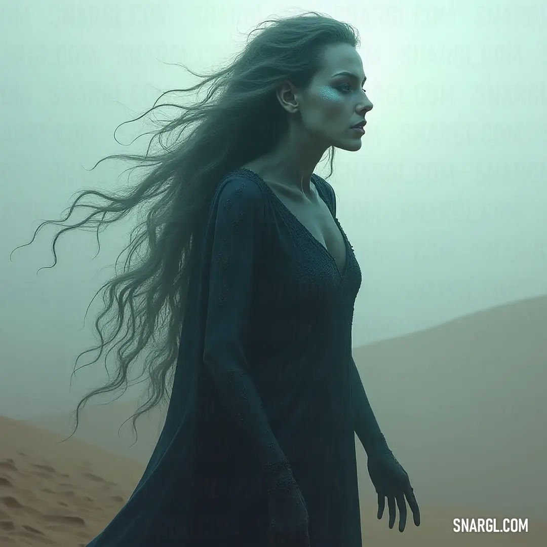 A mesmerizing image of a woman with long hair, wandering through a sun-kissed desert, enveloped in ethereal fog that dances around her, adding a layer of surreal beauty to the serene landscape.