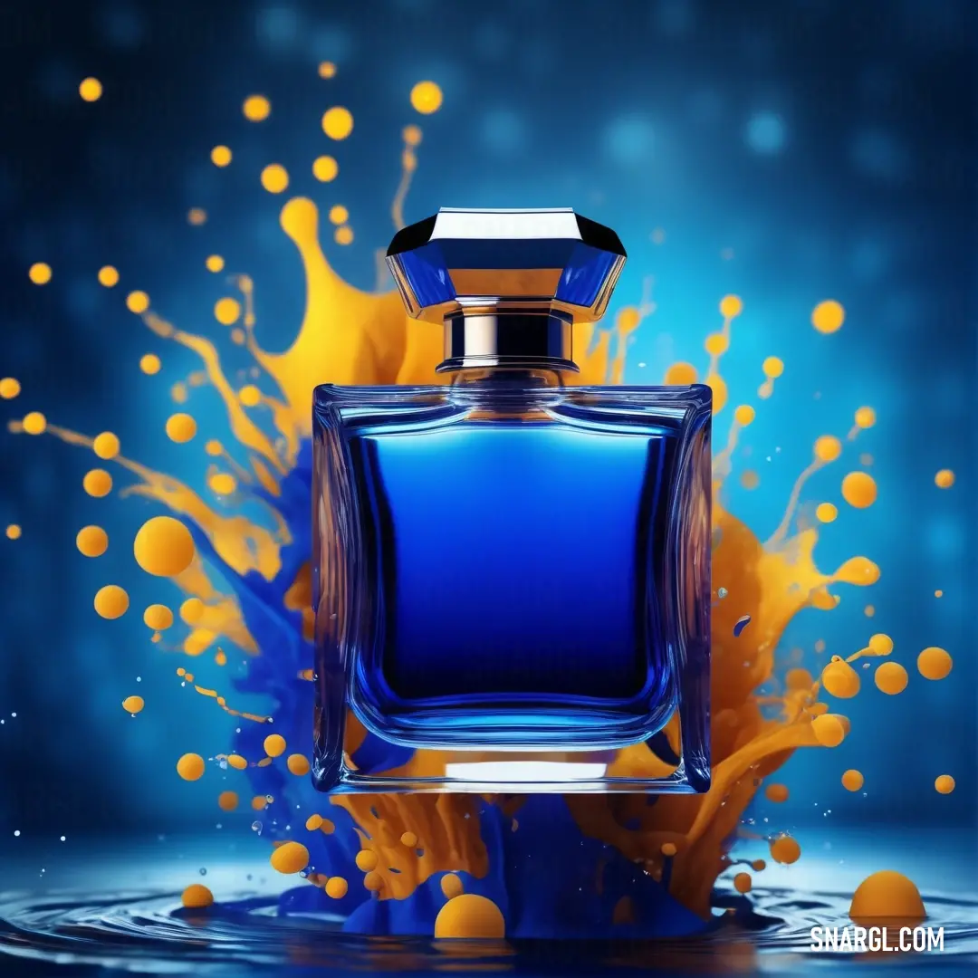 Blue bottle with a splash of liquid on it and a blue background with yellow bubbles around it