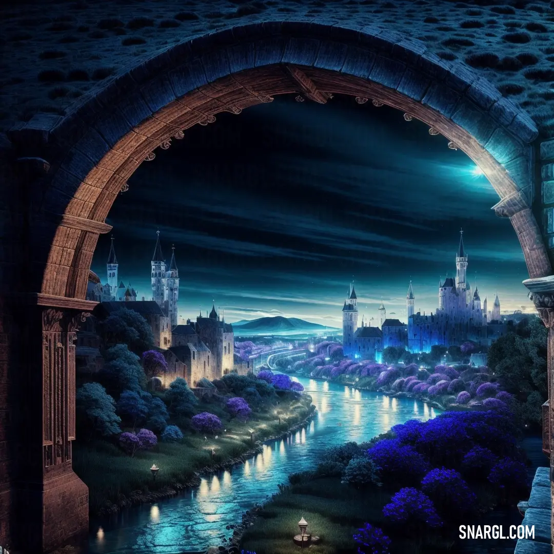 Painting of a city at night with a river running through it and a castle in the distance with a full moon. Example of RGB 0,0,139 color.