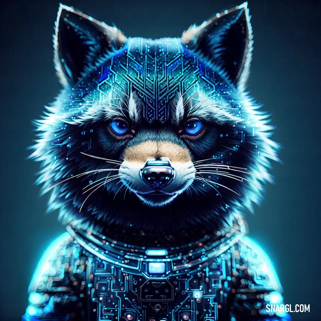 Digital painting of a fox wearing a futuristic suit with a futuristic pattern on it's chest and head