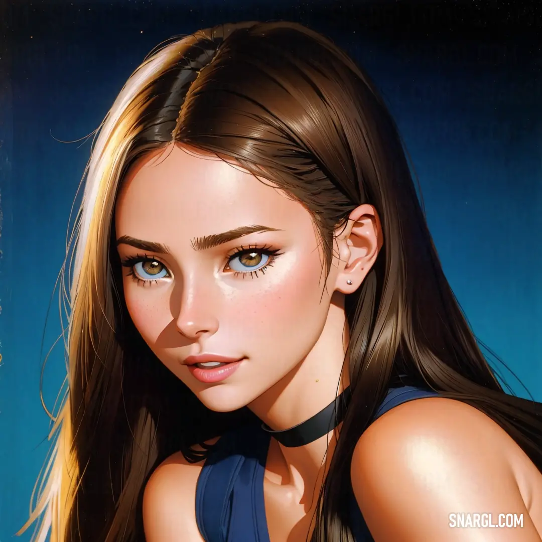Digital painting of a woman with long hair and blue eyes wearing a choker
