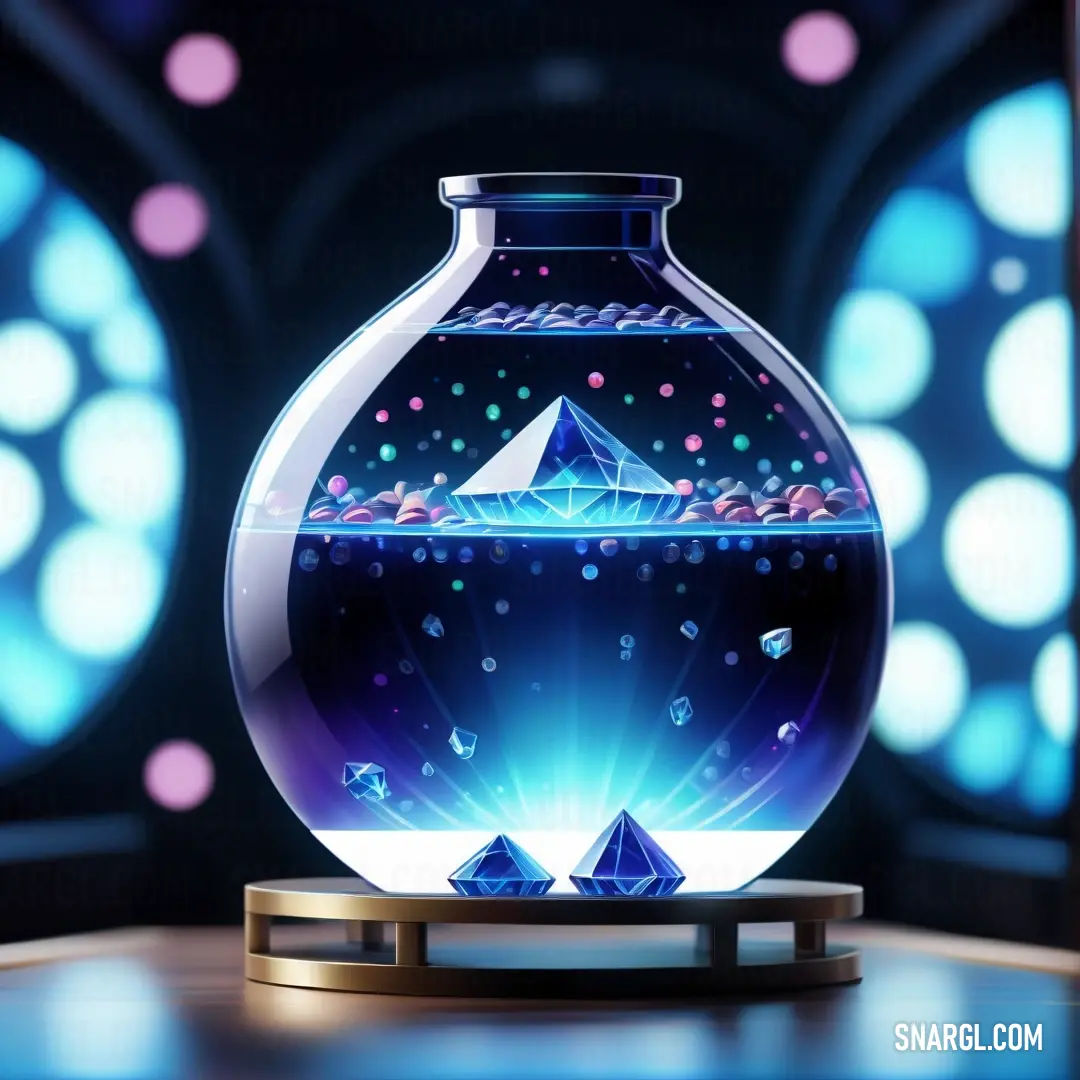 Fish bowl with a pyramid inside of it on a table with lights in the background. Color #00008B.