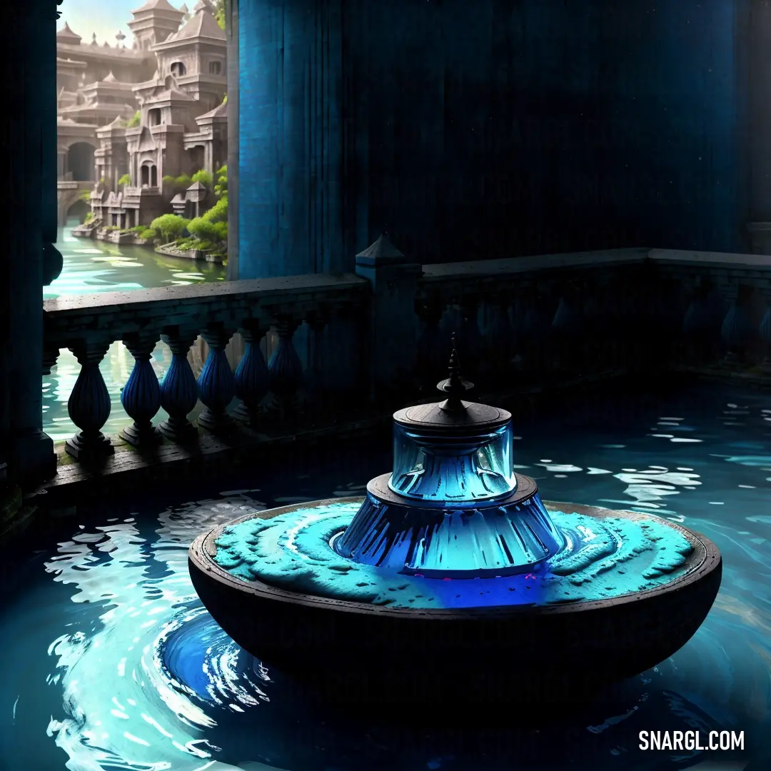 Fountain in a room with a view of a city and a lake in the background