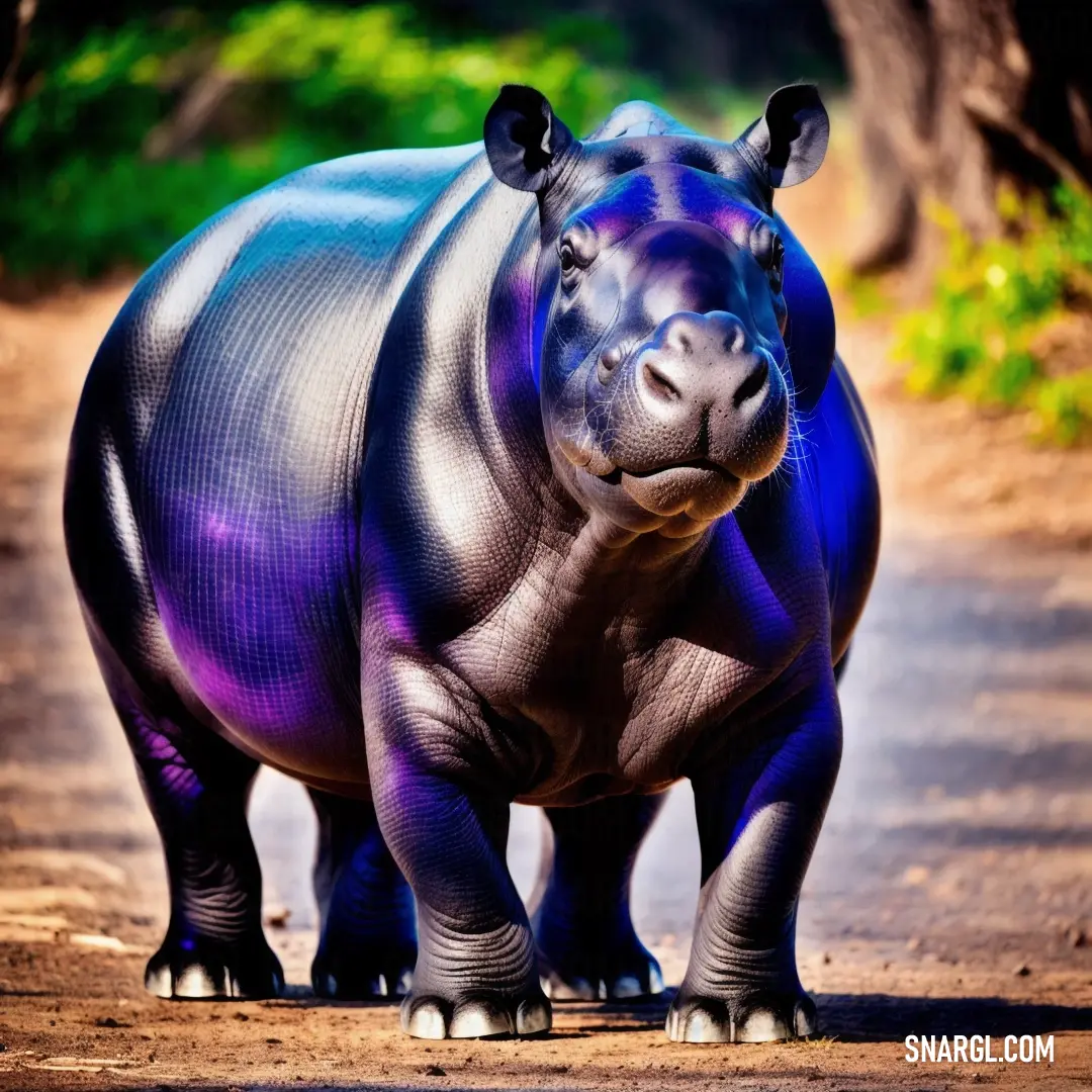 Hippo standing on a dirt road next to a forest filled with trees and bushes. Color CMYK 100,100,0,45.