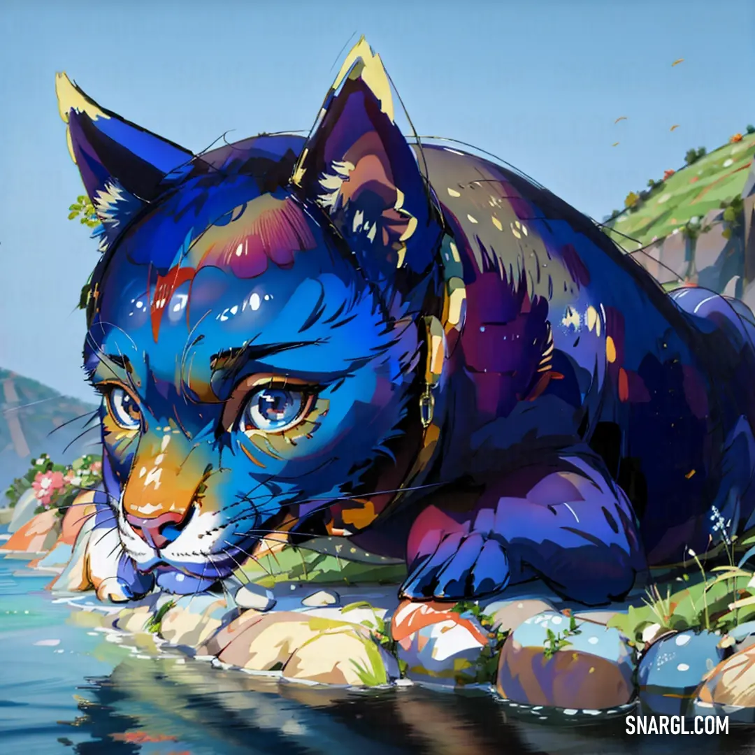 Dark blue color. Painting of a cat laying on a rock in the water with a mountain in the background