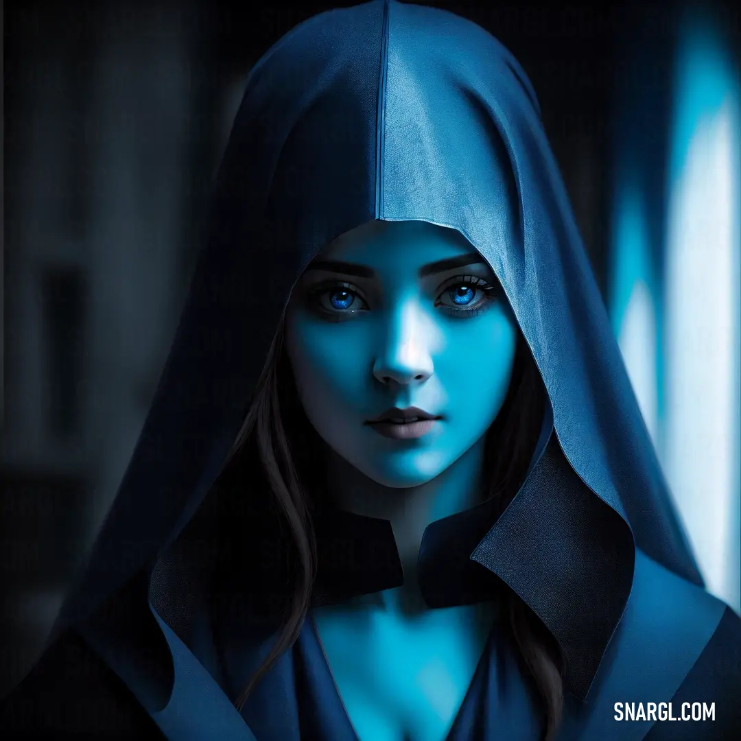 Woman with a hood on and a blue light on her face is staring at the camera