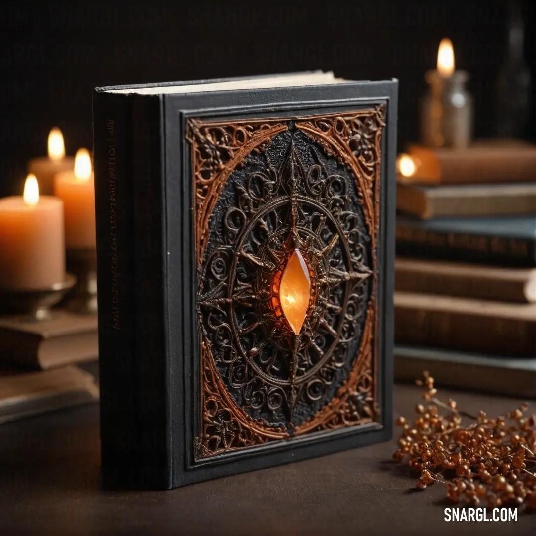 An open book with a candle inside, resting on a table surrounded by other books. The soft, warm glow of the candle highlights the deep brown tones, creating an atmosphere of quiet warmth and contemplation.