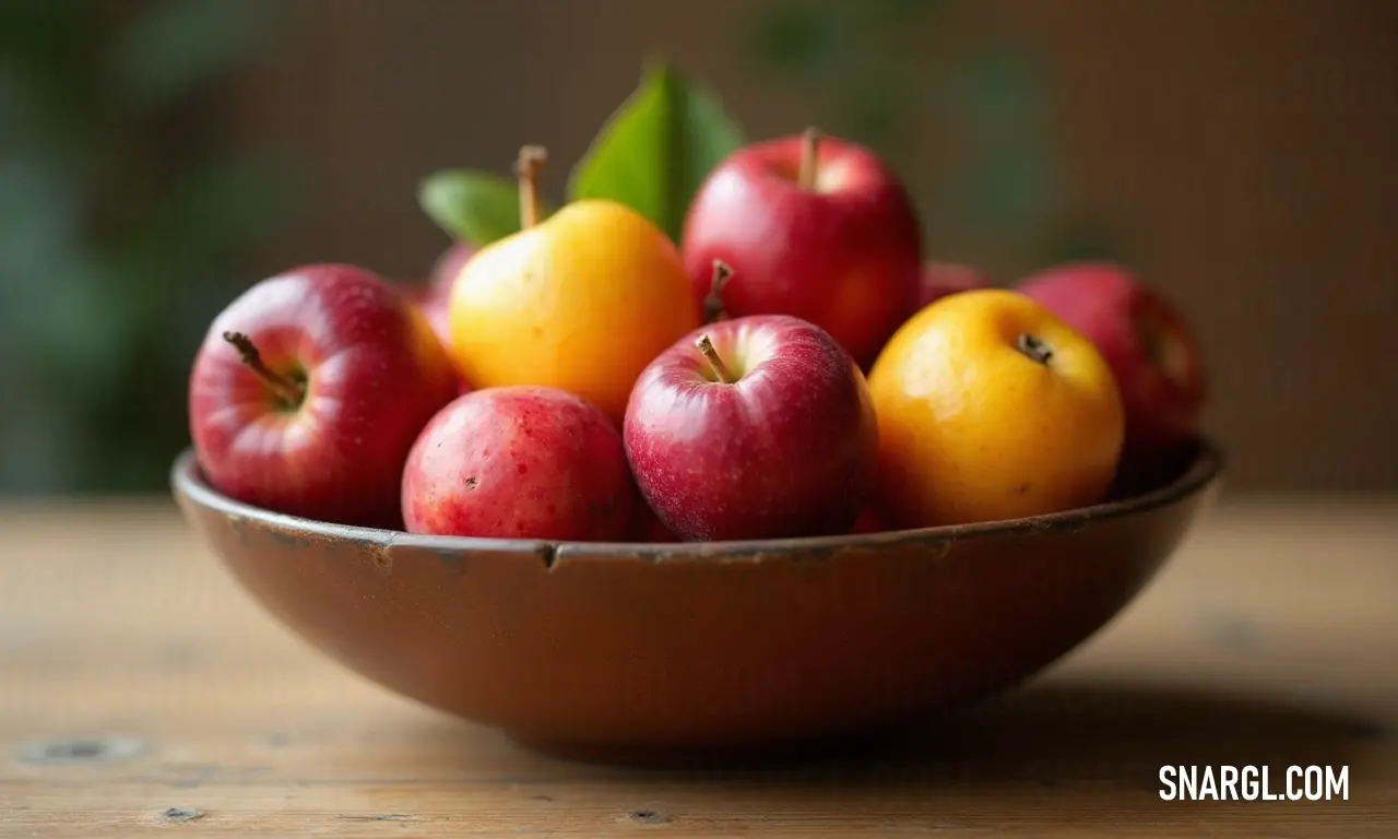 A vibrant bowl filled with fresh apples and oranges sits on a wooden tabletop, inviting a sense of warmth and abundance. The blurred background enhances the vivid colors of the fruit, creating a homely atmosphere.