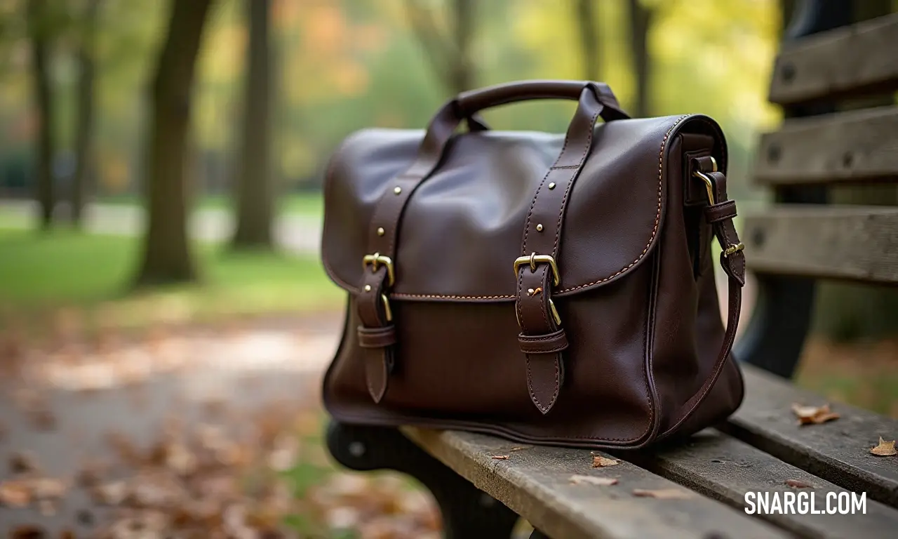 A stylish brown leather bag rests atop a rustic wooden bench, surrounded by fallen leaves in a serene park setting. The rich CMYK color mix of 0,34,67,60 complements the natural beauty of the environment, creating a perfect scene of harmony.