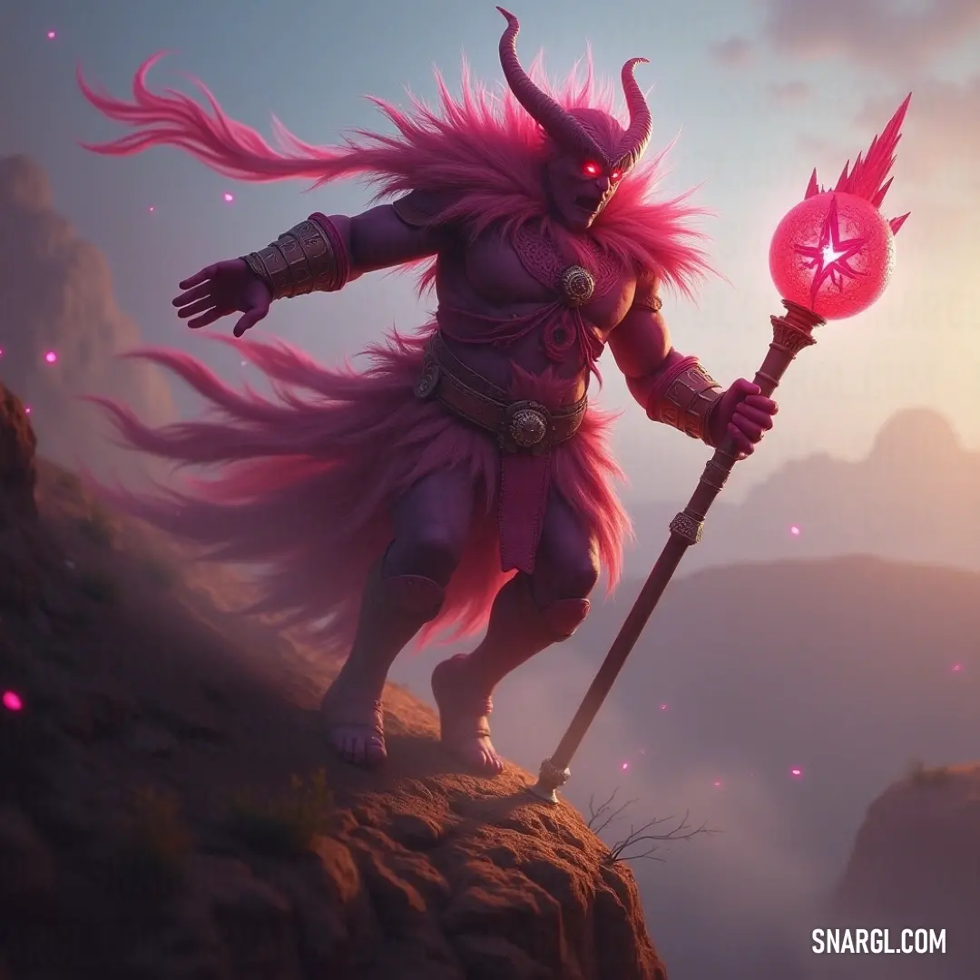 A mystical character clad in a fantasy outfit, grasping a glowing pink light bulb and a staff adorned with intricate horns and a fierce, horned face. The figure stands as if commanding the elements, exuding power and mystery.