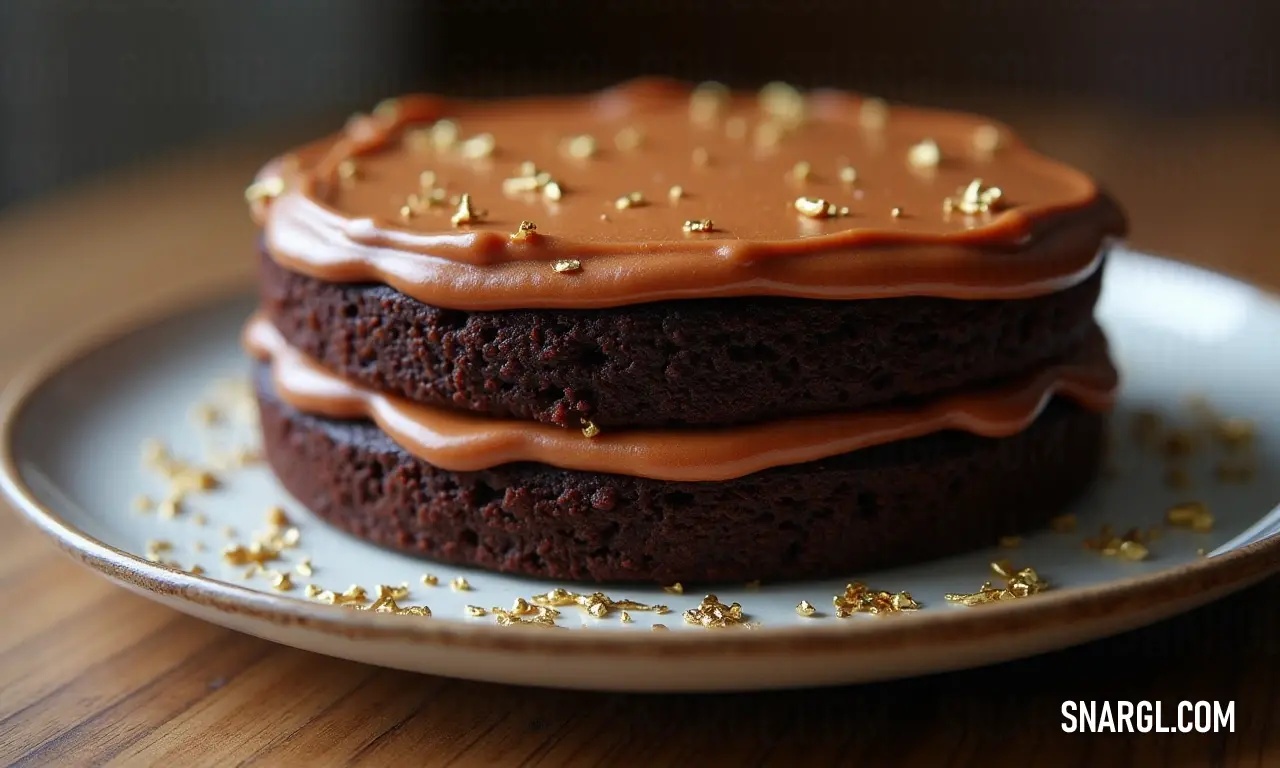 A luscious chocolate cake adorned with colorful frosting and sprinkles sits invitingly on a plate atop a table, showcasing its rich texture and deliciousness, making it impossible to resist.