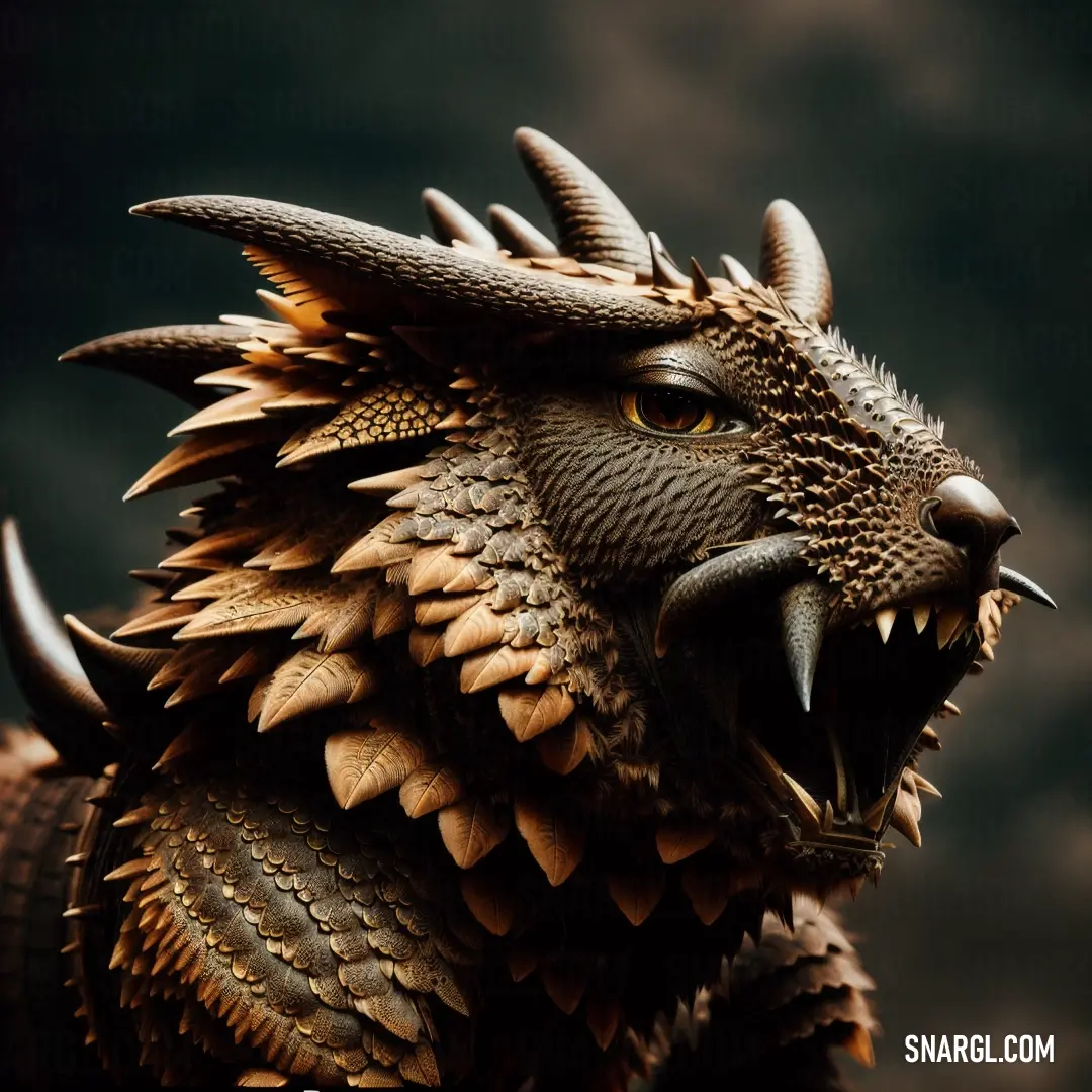 Close up of a statue of a dragon with its mouth open and teeth wide open