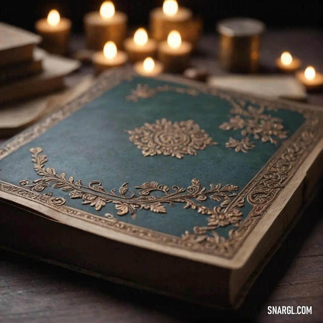 A beautifully detailed book with a rich blue cover and gold accents, placed on a wooden table surrounded by soft candlelight. A bookmark peeks out from its pages, and several other books rest nearby, creating a serene and inviting atmosphere.