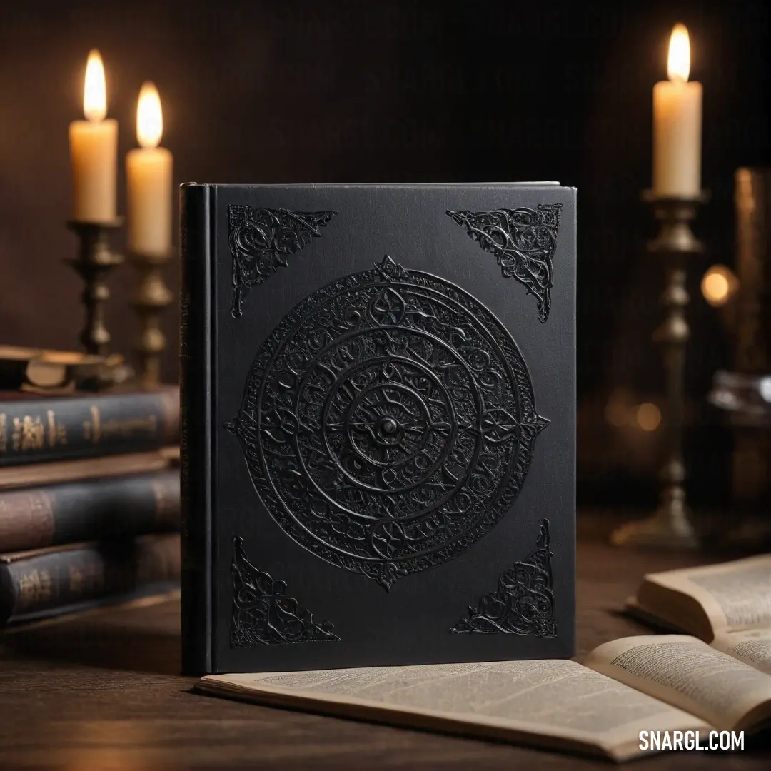 A decorative book with a unique design, placed on a table surrounded by other books and soft candlelight. The warm tones of the candles and the intricate design on the book combine to create a cozy, inviting atmosphere.