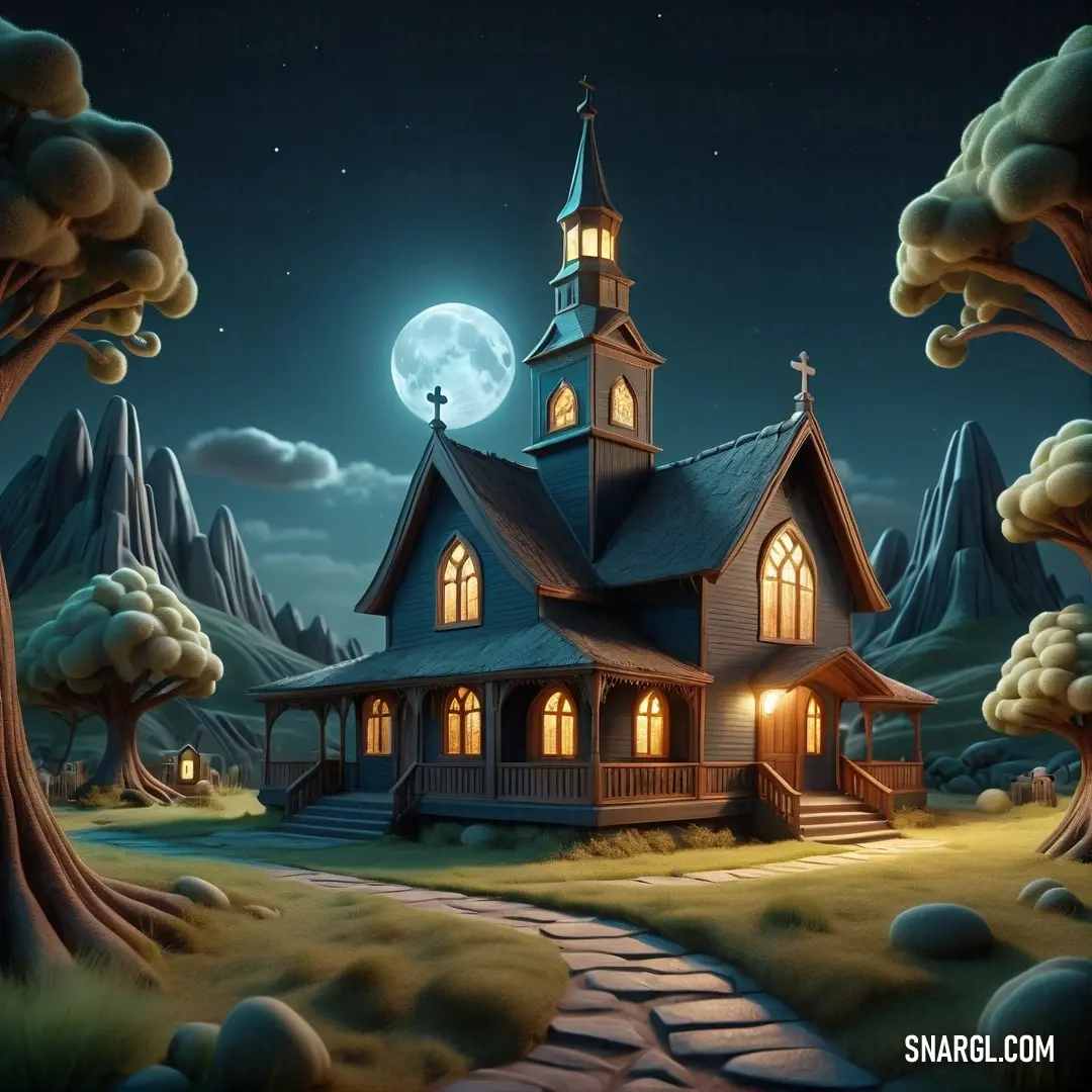 Dark brown color. Church with a clock tower and a pathway leading to it at night with a full moon in the sky
