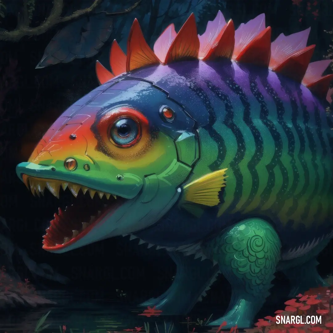 A vibrant, colorful fish opens its mouth wide, displaying sharp teeth against the dark, contrasting backdrop. Its vibrant hues of orange and yellow shine through, creating an intense focal point in the image.