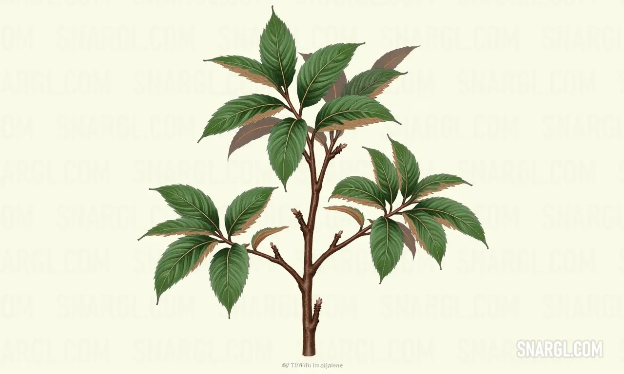 A richly colored illustration showcasing a plant with vibrant green leaves attached to sturdy dark brown stems, emphasizing the natural beauty and intricacies of botanical design. A delightful representation of nature's elegance.