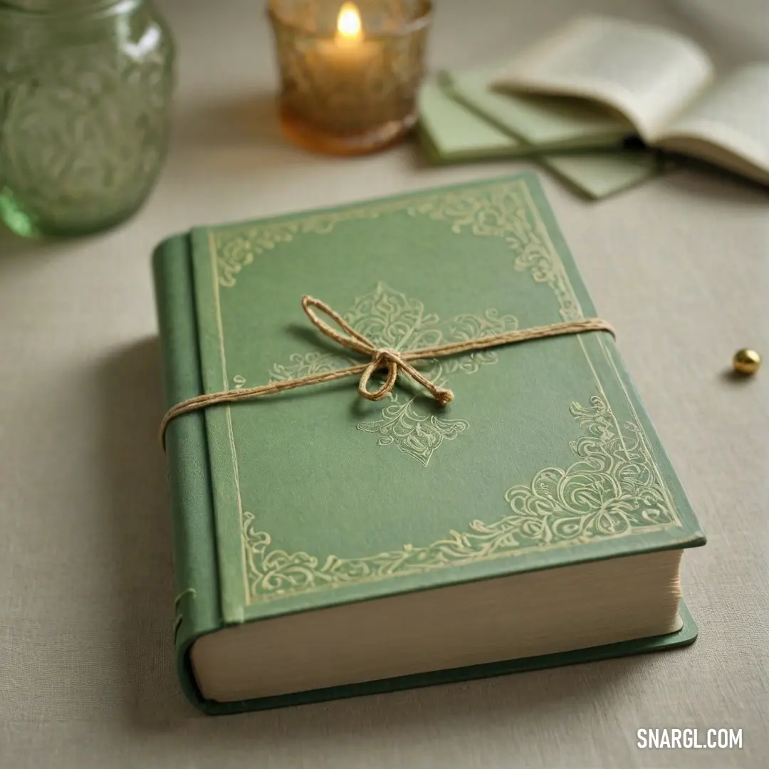 A vintage-style green book, bound with a string, placed carefully on a wooden table beside a glowing candle and a half-filled glass. The deep brown tones of the surroundings add to the warm, inviting feel of the scene.