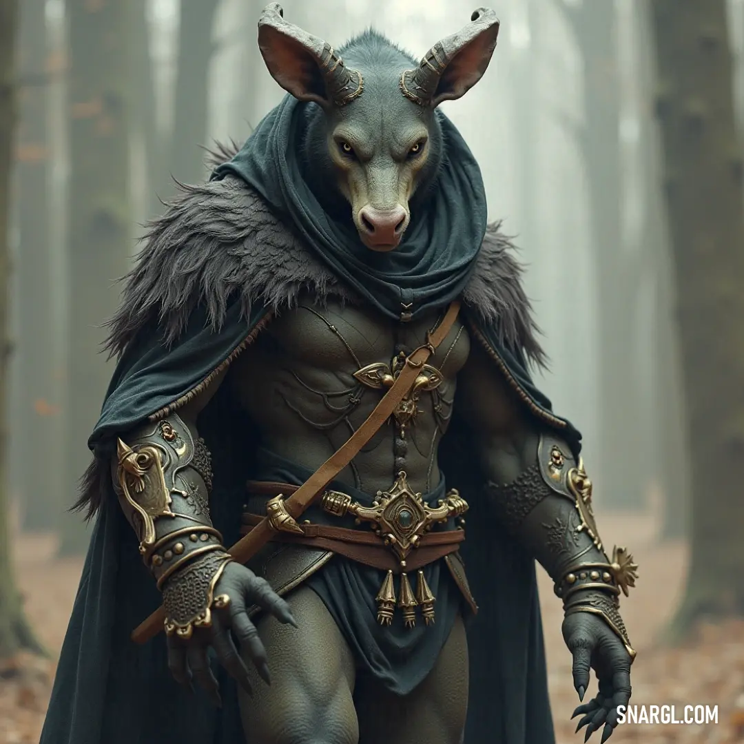 A mysterious figure clad in a dark brown costume adorned with horns, stands ominously among shadows, embodying an air of enigma and power. The striking contrast of colors highlights the intensity of the moment.