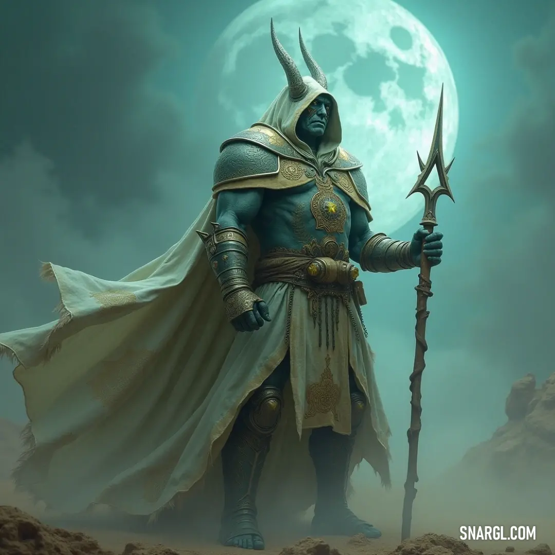 A knight in full armor stands tall, holding a staff, with a colossal moon rising behind him. The surreal, luminous orb casts an eerie glow over the scene, creating a striking contrast against the night sky.