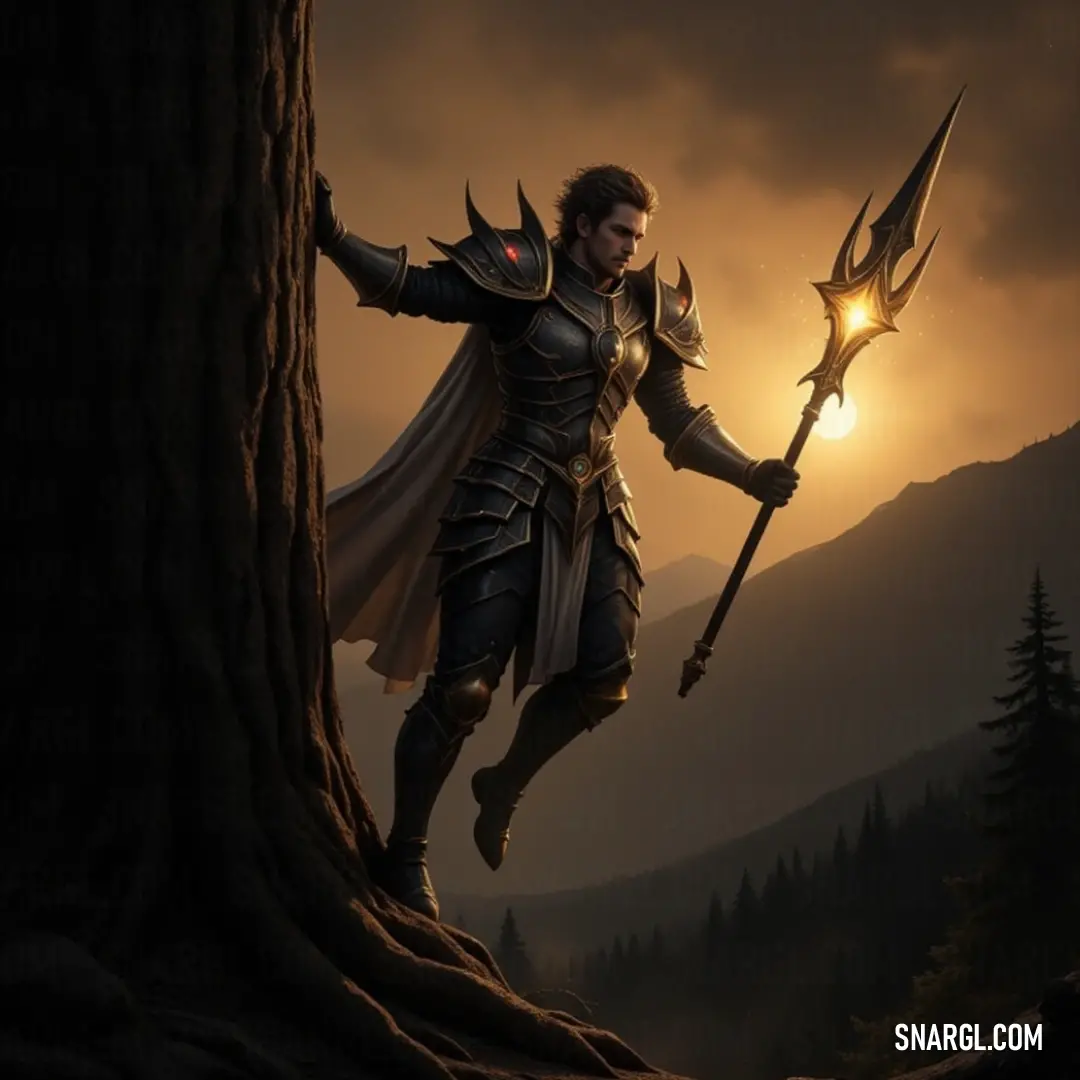 A valiant warrior in shining armor stands atop a tree trunk, gripping a sword and a luminous light while gazing at the majestic mountain view. The surrounding nature enhances his noble stance, portraying the strength of a hero amidst breathtaking scenery.