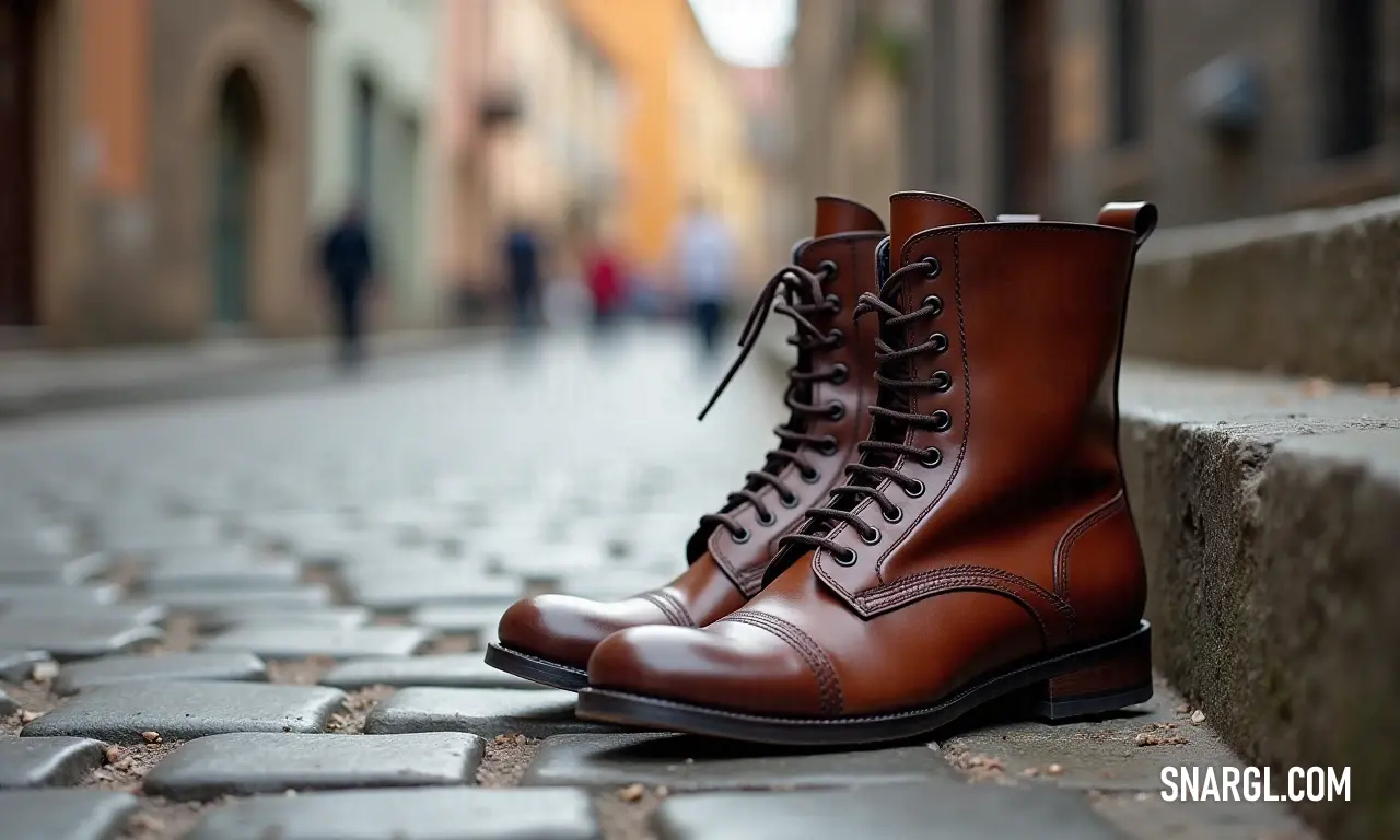 A fashionable pair of brown boots resting on a quaint cobblestone street, harmonizing beautifully with the historical charm of a nearby building. The rich #654321 tones enhance the rustic urban atmosphere.