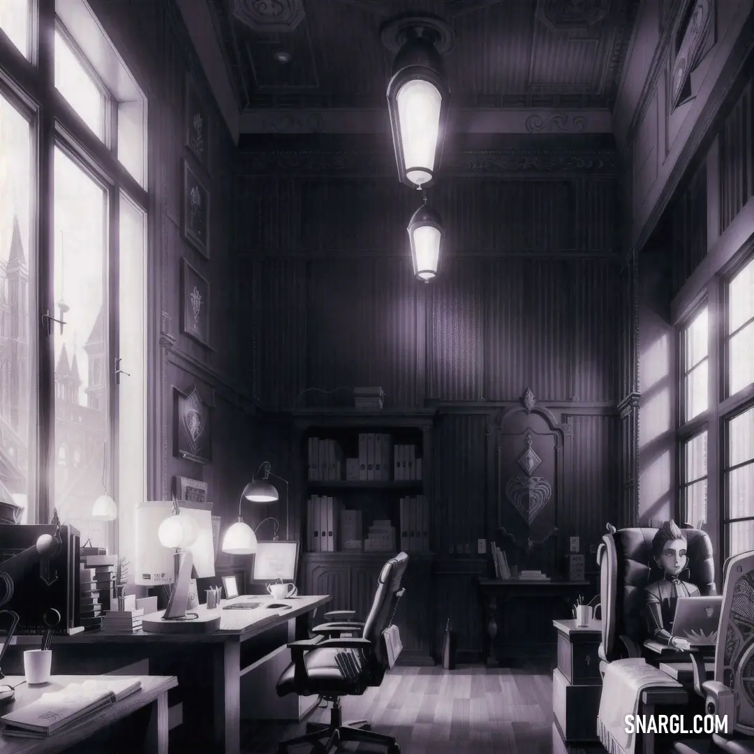 A dimly lit room filled with windows and a desk with a lamp, casting a warm glow on the space. A woman sits in a chair, her silhouette softened by the shadows as she gazes into the quiet ambiance of the room.