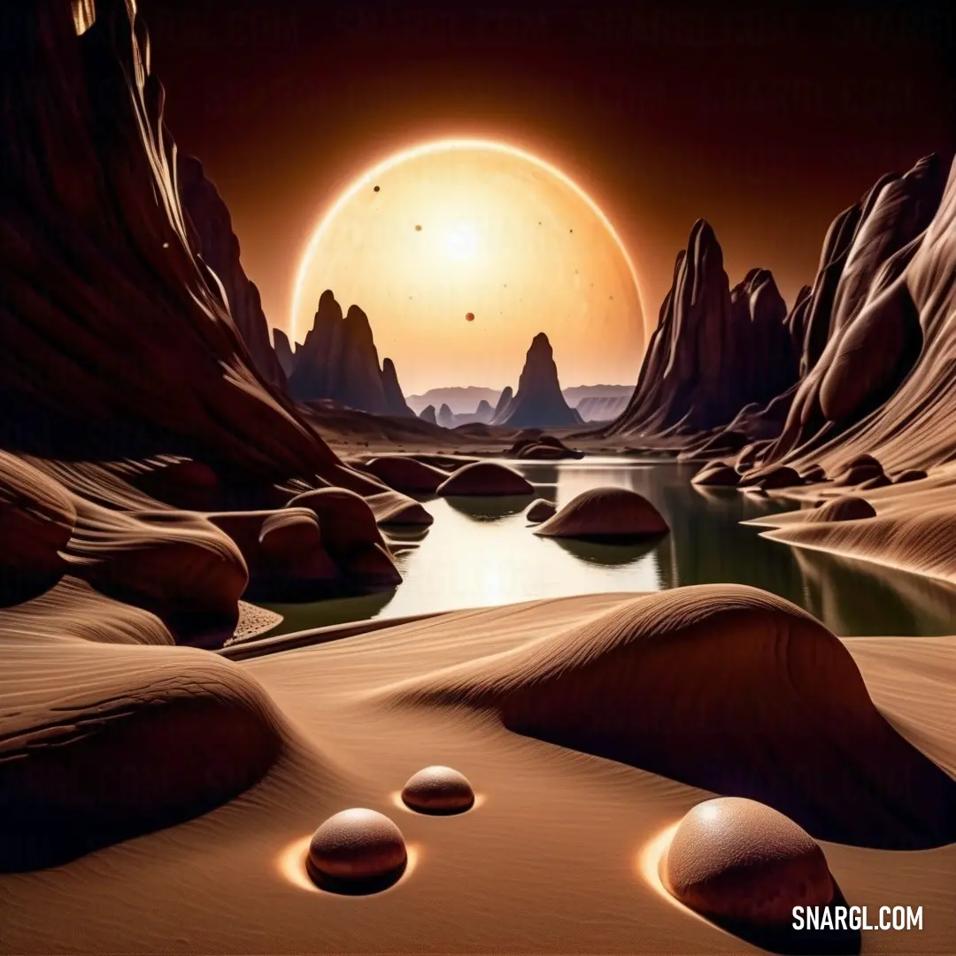 Desert landscape with a river and mountains in the background at sunset or sunrise