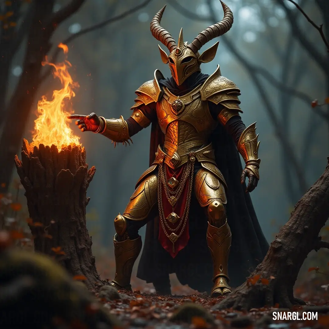 A man in a dark costume stands in a forest, fire blazing in one hand, while a demon clings to his arm. The fire illuminates the surrounding trees, casting shadows and creating an atmosphere of suspense.