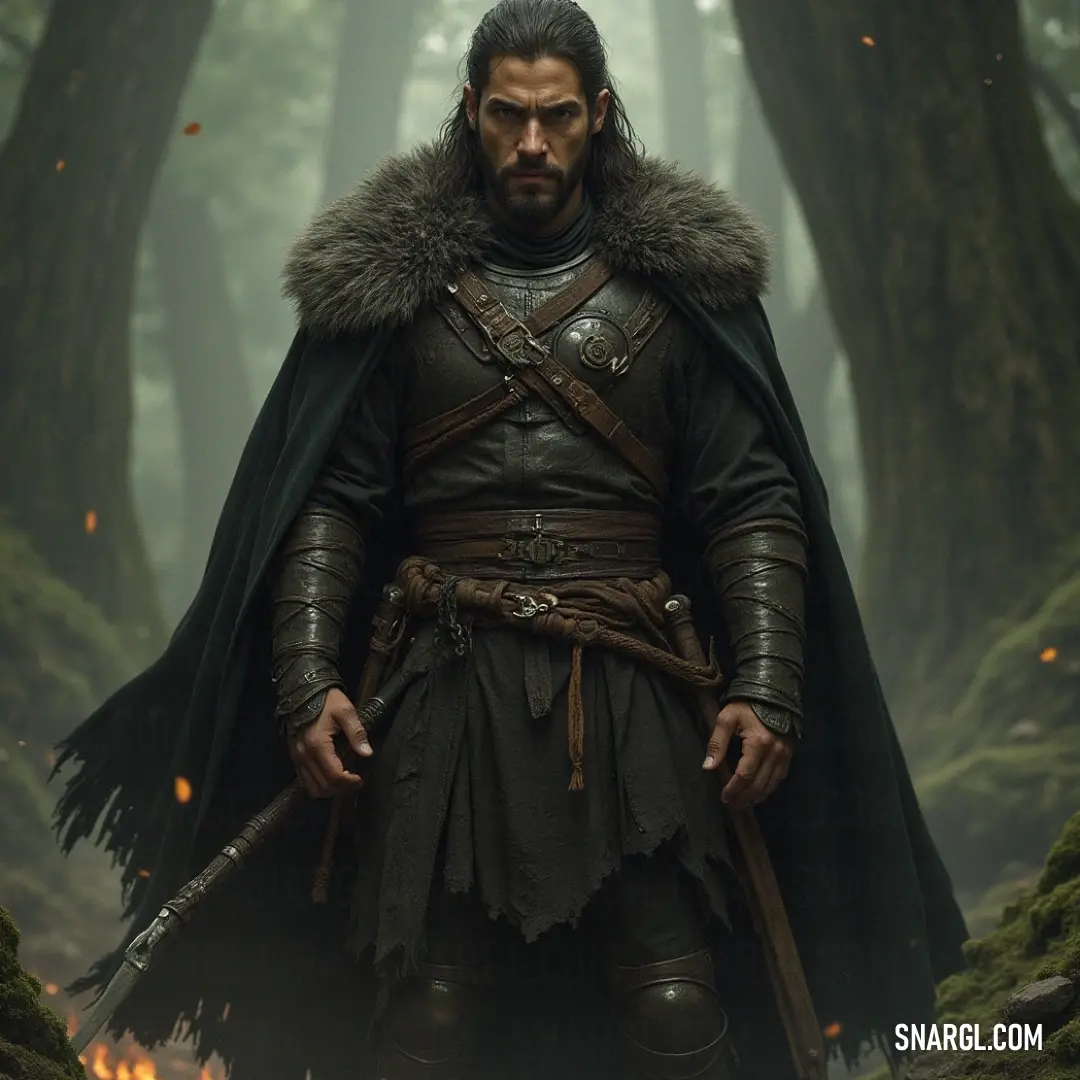 A heroic figure draped in dark brown stands amidst a verdant forest, clutching an ornate sword, while a flowing cape billows dramatically behind him, embodying both valor and nature's beauty under a mystical canopy.