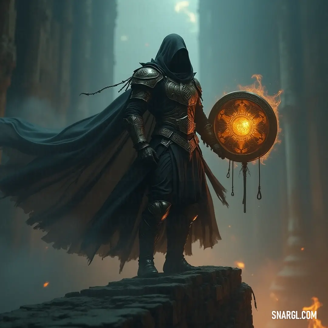 A mysterious figure in a hooded suit stands resolutely in a dark forest, gripping a shield in one hand and a glowing orb in the other. Surrounded by flames dancing around him, he emanates an aura of power and protection in a tumultuous environment.