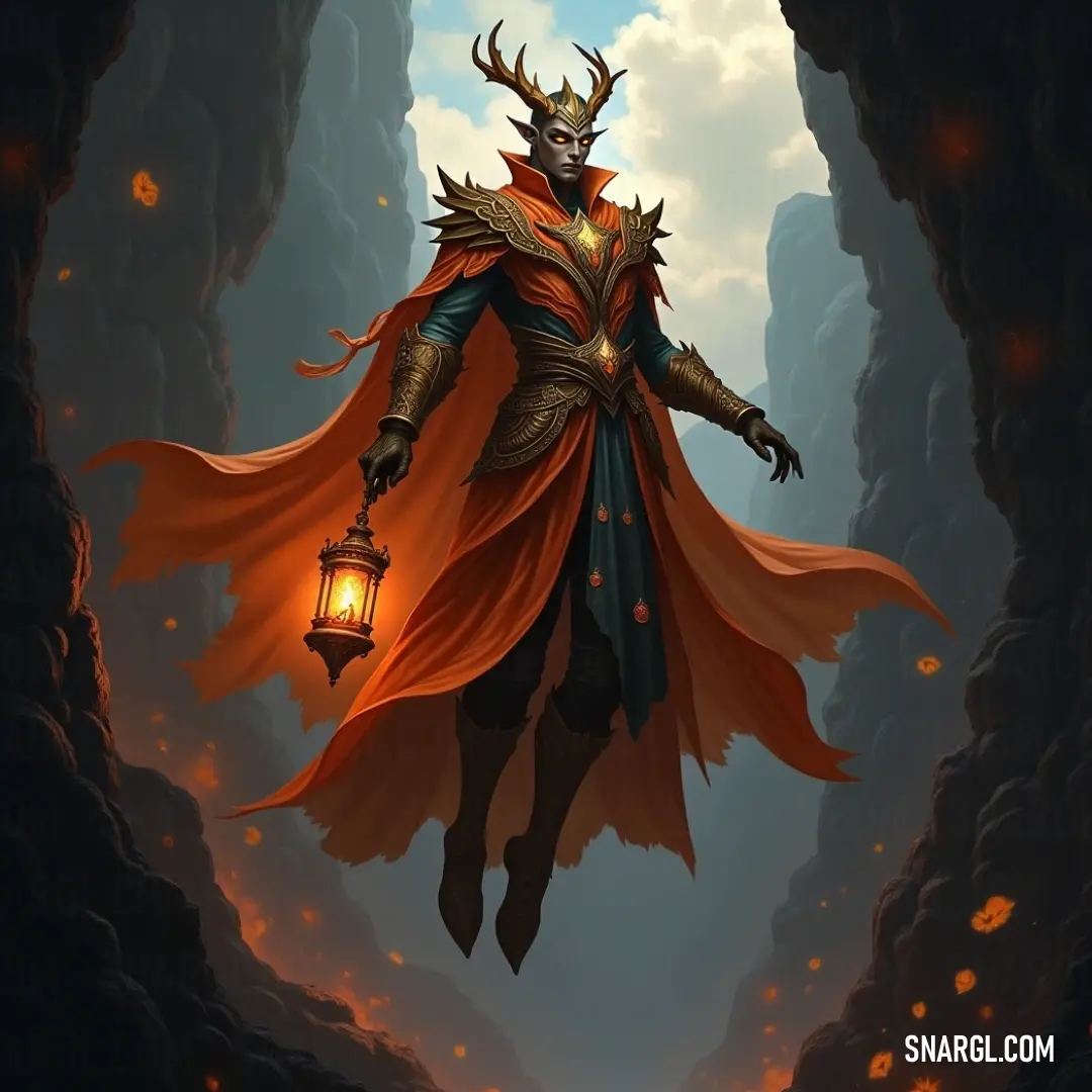 A heroic figure in a vibrant red cape stands amidst a dark cave, clutching a glowing lantern that casts flickering shadows on the surrounding walls. The enchanting sky background contrasts beautifully with his dramatic appearance, symbolizing a journey th