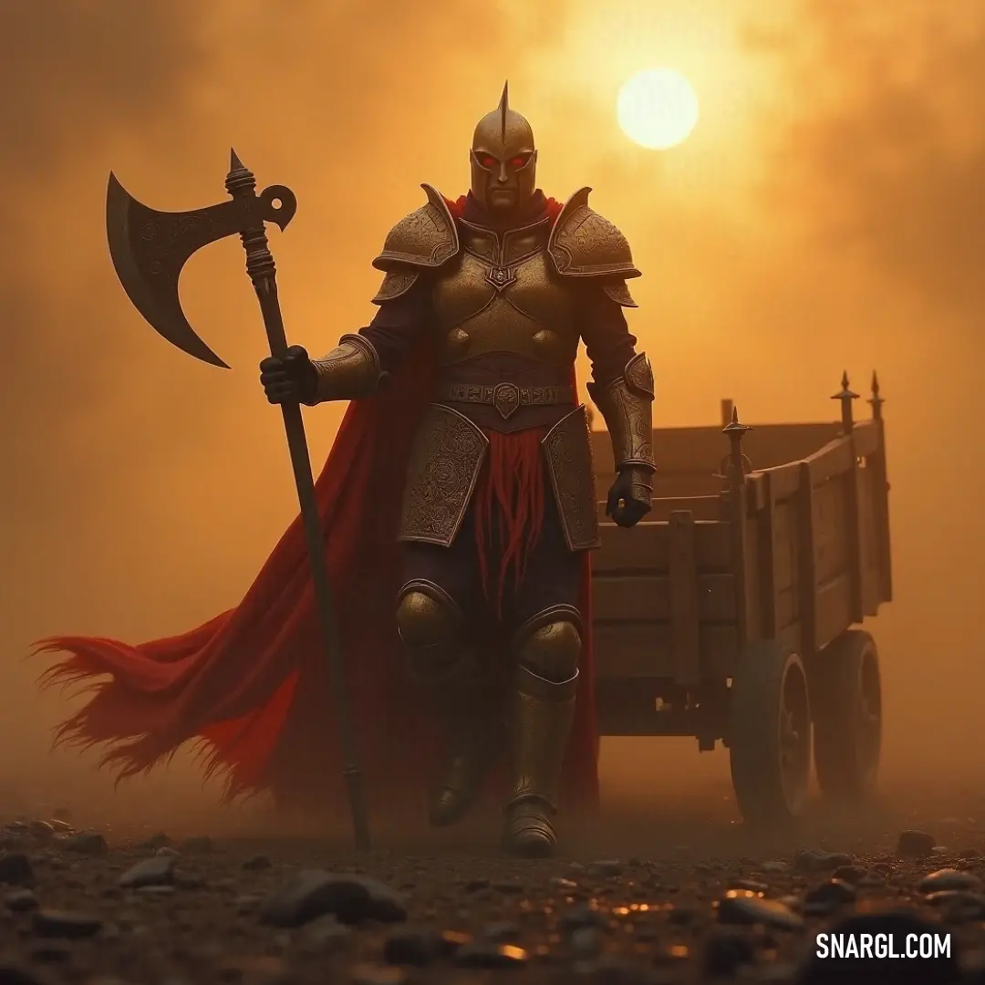 A fierce warrior clad in armor stands confidently, wielding a large axe, with a pickup truck visible in the background. The dark brown tones create a striking contrast, embodying a robust spirit ready to face any challenge on this rugged battlefield.