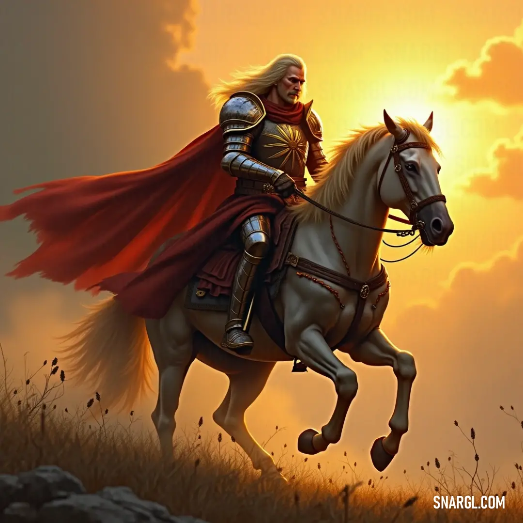 A noble rider gallops gracefully on a majestic white horse through a picturesque field filled with flowers, as sunset paints the sky in golden hues. Clad in a flowing red cape, he symbolizes freedom and adventure in this idyllic landscape.