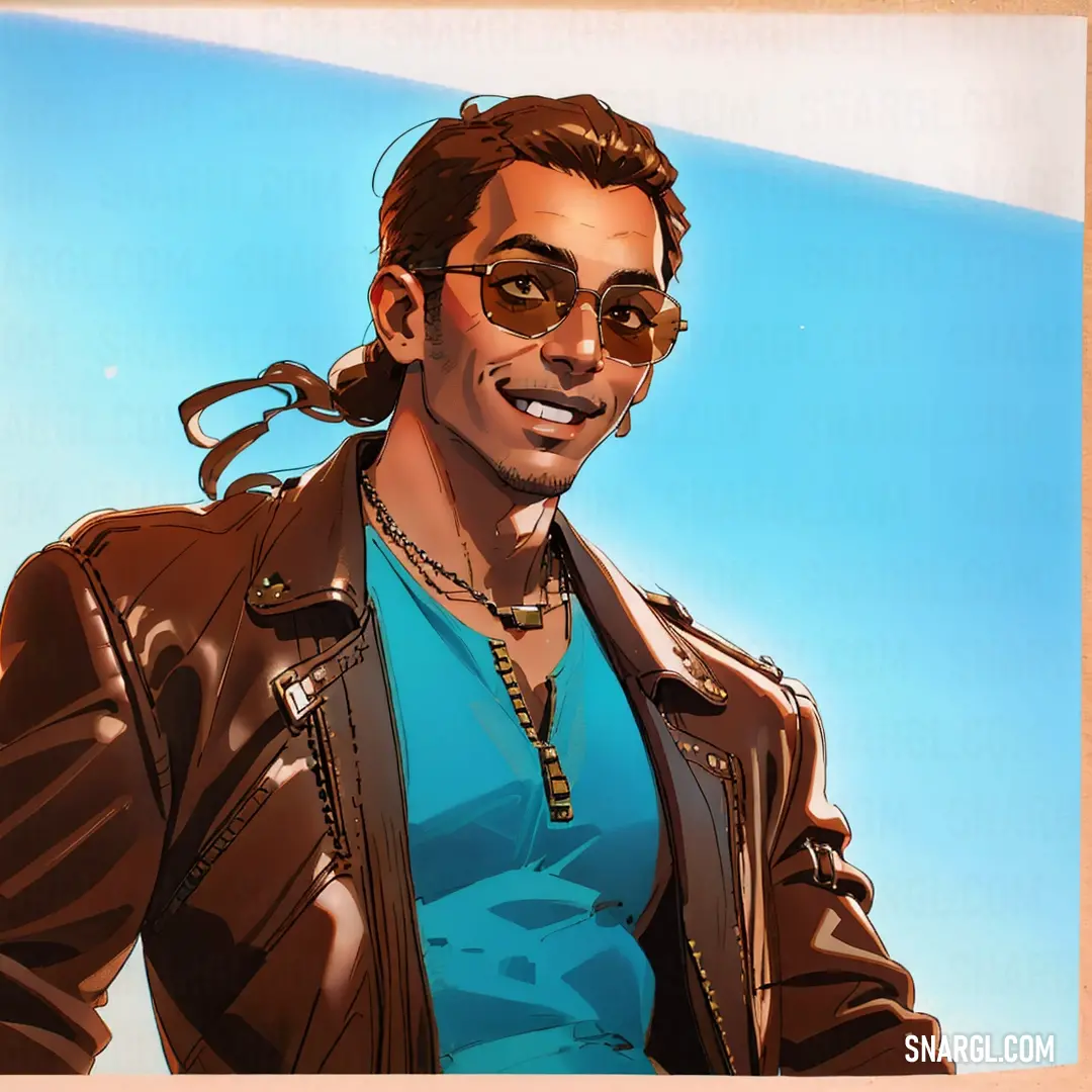 Man with a leather jacket and sunglasses on his face and a blue shirt on his shirt is smiling