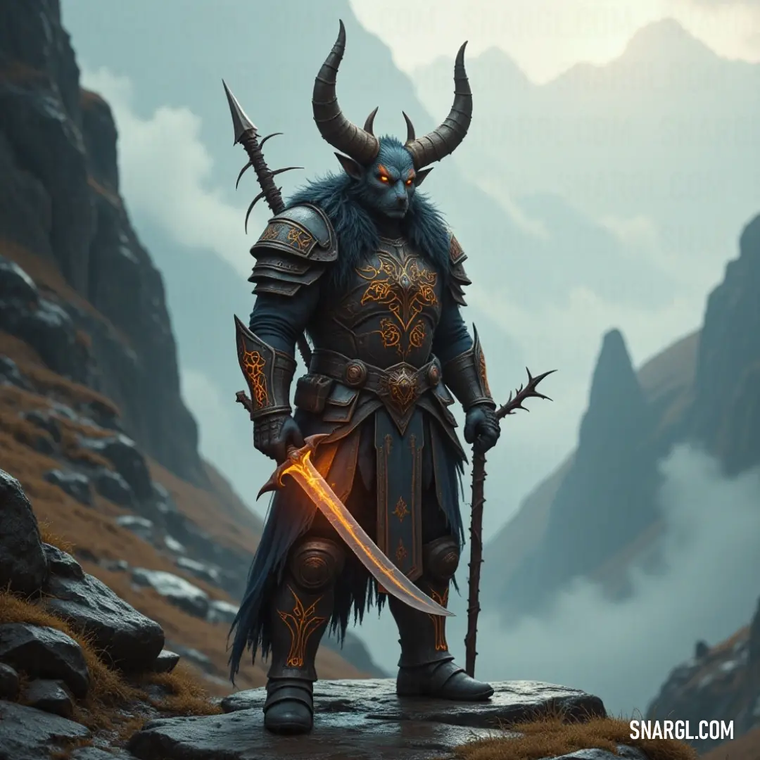 A man with horns, sword raised, stands on a mountain peak, the vast mountains stretching out behind him. His figure is bathed in the soft glow of twilight, creating an aura of strength and defiance.