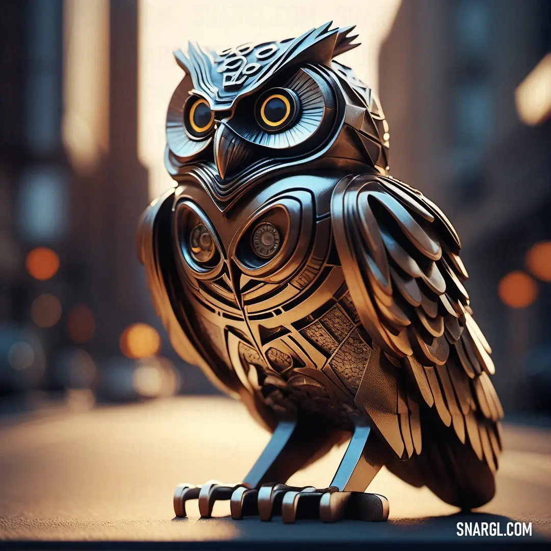 Metal owl statue on top of a table next to a building in the city at night time. Example of Dark brown color.
