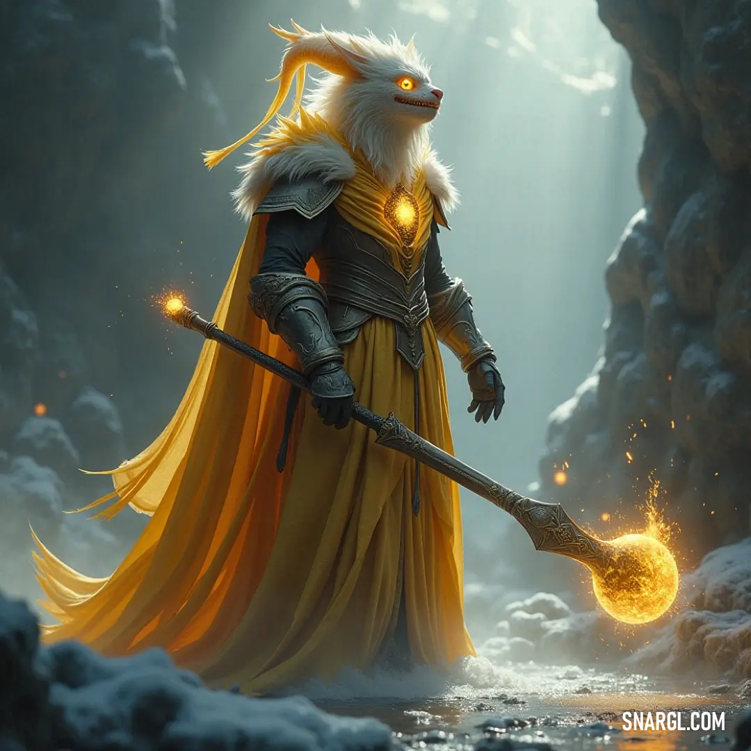 A wizard, staff in hand, stands in a snow-covered landscape, with a glowing orb in his palm. The soft glow of the orb contrasts with the harsh cold around him, hinting at the power he controls.