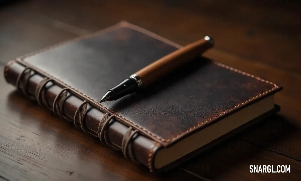 A sleek pen rests gracefully on a classic leather book atop a rustic wooden table, surrounded by a cozy, dark atmosphere that encourages creativity and reflection.