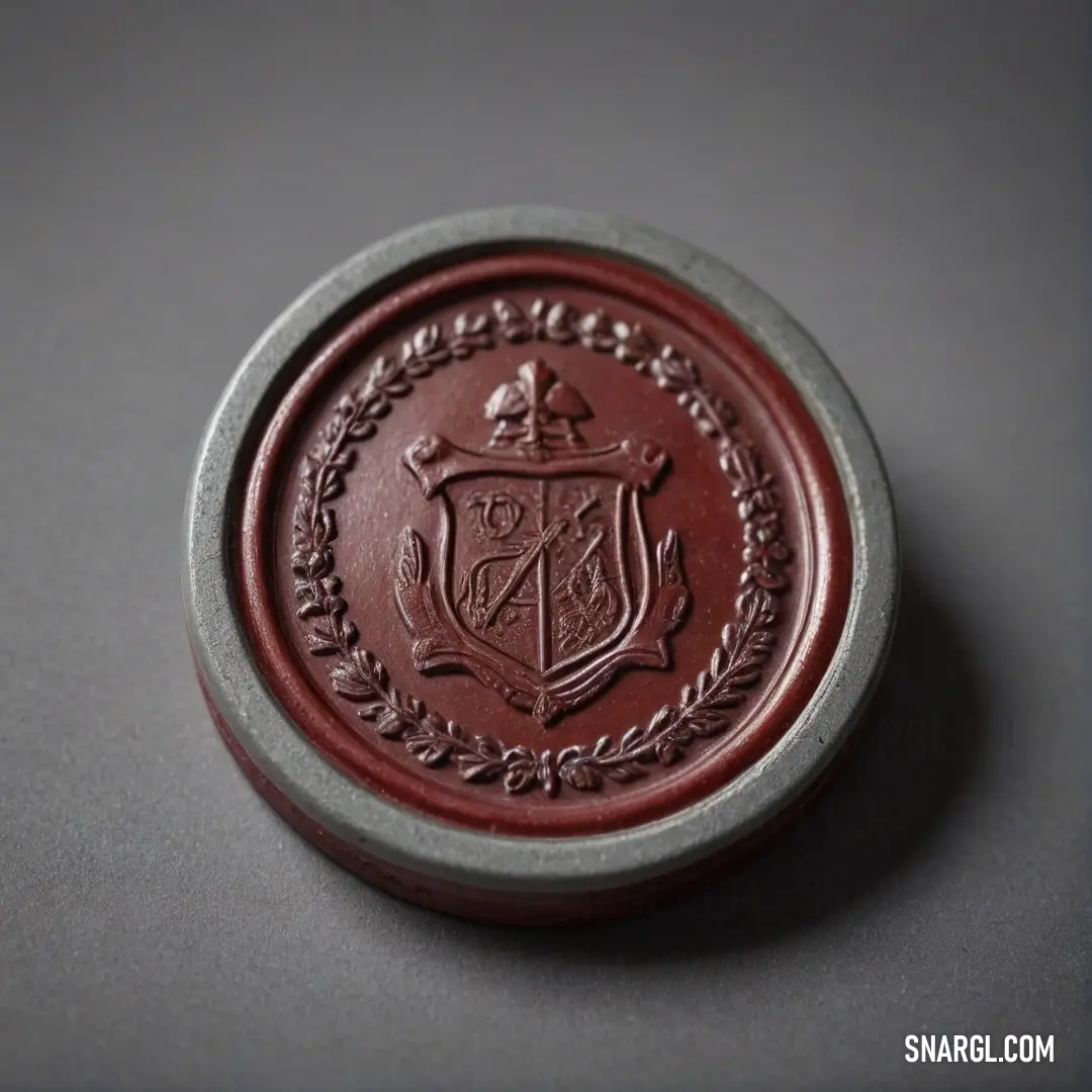 A deep red wax seal featuring a detailed crest, placed on a smooth gray surface. The black background further accentuates the rich crimson color and intricate design of the wax seal, lending it a sense of history and importance.