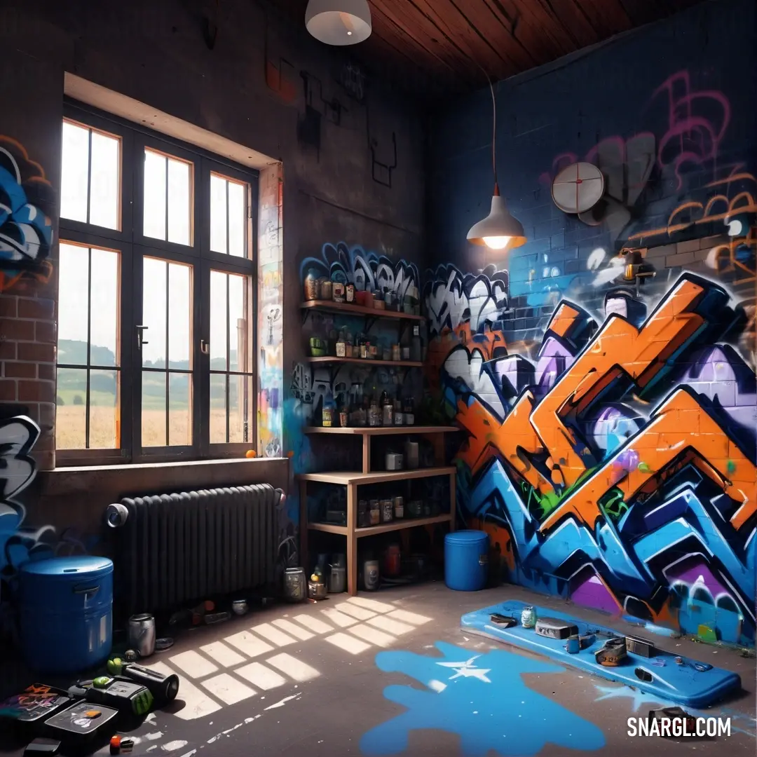 Dark brown color example: Room with a lot of graffiti on the wall and a radiator in the corner of the room
