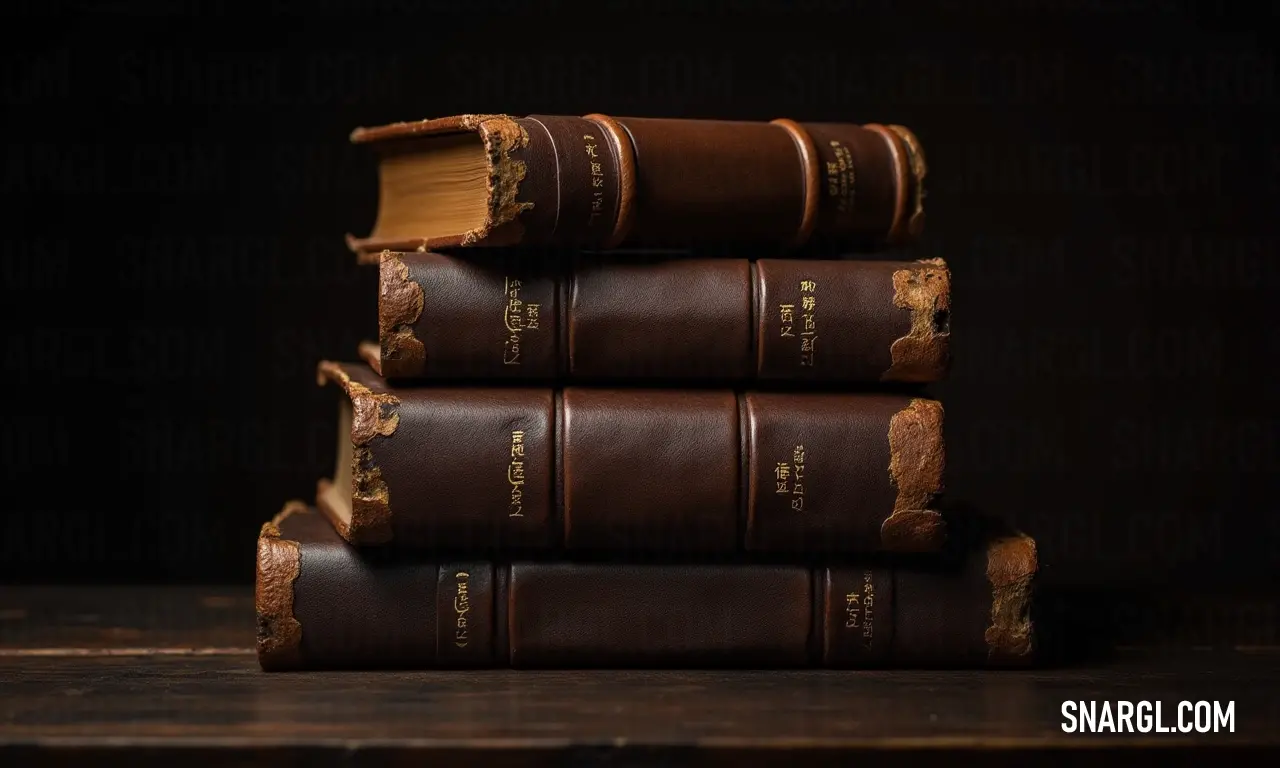 A striking stack of three brown books rests atop a rustic wooden table, paired with a bold black wall that creates a stunning backdrop, embodying the enduring beauty of literature and knowledge in any space.